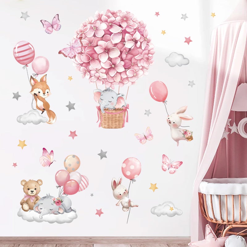 decalmile Animals Hot Air Balloon Wall Decals Flowers Balloons Elephant Bear Wall Stickers Baby Nursery Girls Bedroom Toddler Room Wall Decor - Image 2